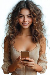 Curly-haired woman in a beige off-shoulder blouse holding a smartphone, calm focused expression, delicate gold choker and relaxed posture