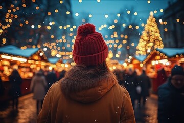 person in red knit pompom hat and fur trimmed coat stands amid a festive outdoor holiday market with twinkling lights, decorated tree, snow and a warm cozy evening mood