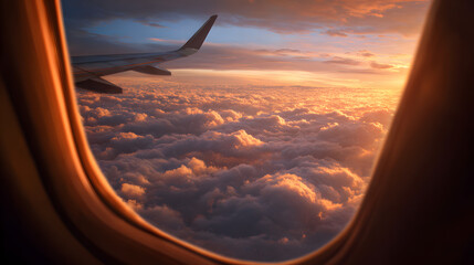 Serene View from Airplane Window Seat at Sunset Over Soft Clouds with Wing Silhouette
