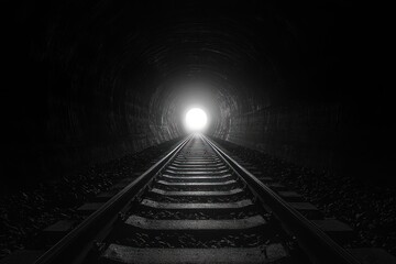 Fototapeta premium railway tracks leading through a dark tunnel toward a bright distant light, evoking hope and mystery