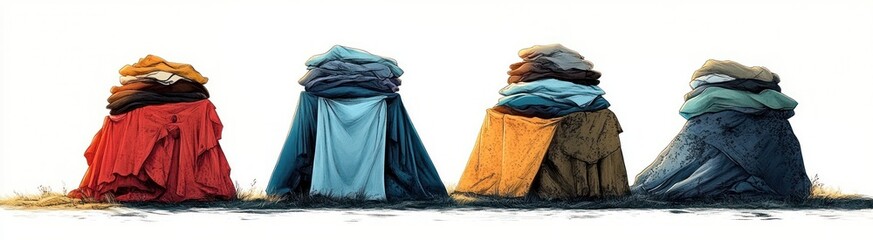 Four stone statues draped in layered colorful cloths with a bright white background and subtle grass at the base conveying a serene and mysterious atmosphere