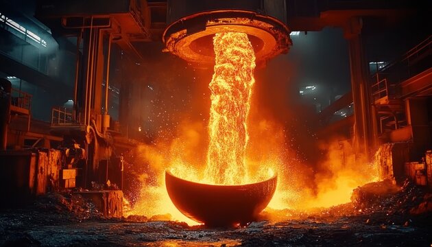 Massive stream of molten metal pouring from an overhead crucible into a glowing ladle in a dark industrial foundry, sparks and blazing orange heat creating a dramatic intense scene