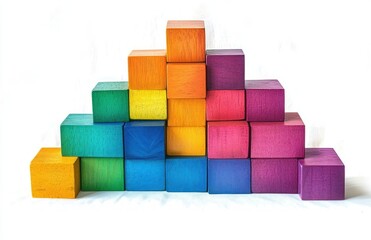 Obraz premium stacked colorful wooden cubes in a rainbow gradient forming a playful stepped pyramid on a white background