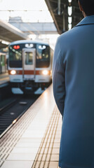 Japanese Business Professional Waiting for Train on Platform