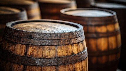 Fototapeta premium Close-up of wooden barrels with metal hoops in warm light showing aged rustic wood texture and a cozy nostalgic atmosphere