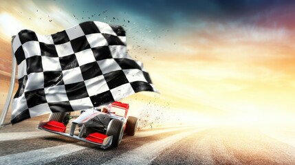 Racing car crosses finish line with checkered flag waving at sunset during a competition