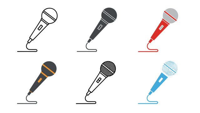A set of six distinct vector microphone illustrations showcasing both monochrome line art and vibrant colorful flat designs.