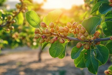Close-up of a branch with clusters of immature pistachio nuts and green leaves bathed in warm sunlight during golden hour in an orchard