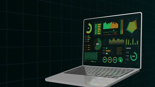 Perspective view of a laptop showing a dark themed business interface with vibrant yellow and green data indicators.