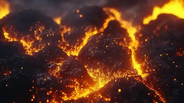 Glowing magma flow over dark, rough terrain with flying sparks