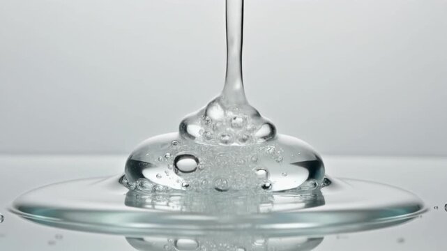 Macro shot of clear serum drop pouring onto a glass surface with bubbles