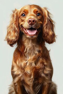 golden brown long-eared dog sitting facing camera with wavy glossy fur and gentle content expression