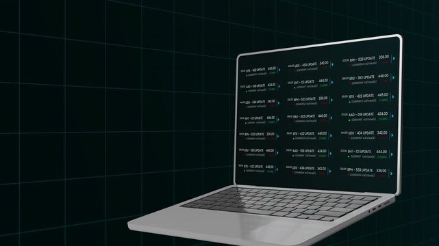 Laptop screen featuring multiple columns of stock market data and financial performance lists for professional traders.