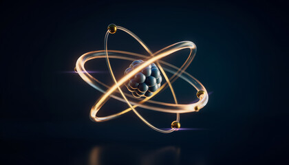 elegant 3d atom model with golden glowing orbits on dark background