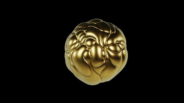 Abstract 3D rendering of golden crumpled metallic sphere mutating loop