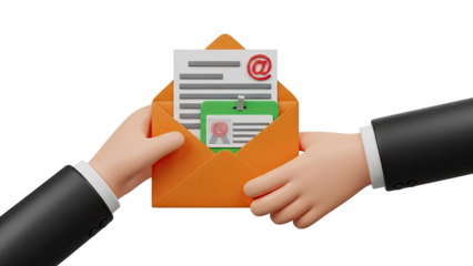 Hands holding an open envelope with email and ID card