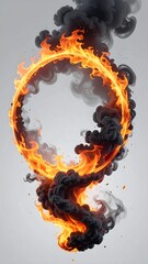 Fiery ring of orange flames surrounded by wisps of dark smoke against a plain light gray background