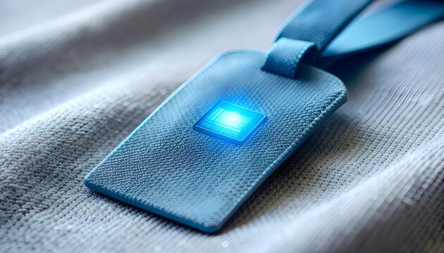 Smart Tag with Glowing Blue Microchip on Fabric Texture for Digital Identity