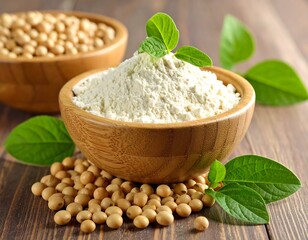 Flour and whole soybeans presented in wooden bowls, accented with green leaves on a wood surface