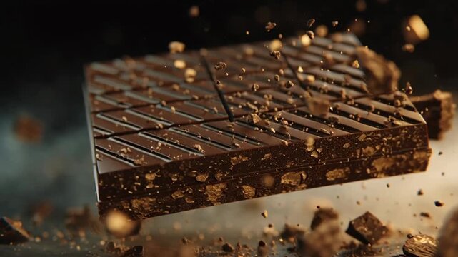 Explosion of Dark Chocolate Bar Splitting Into Pieces Dramatic Close Up