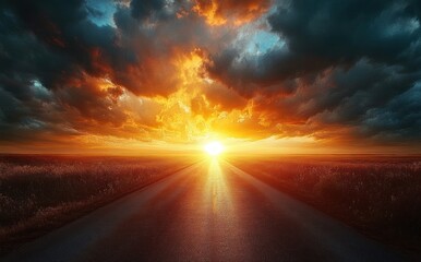 long empty road leading to a blazing sunrise on the horizon with dramatic storm clouds, golden rays and open fields, evoking awe and hopeful serenity