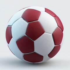 Fototapeta premium close-up of a red and white soccer ball with textured leather panels and visible seams on a neutral studio background conveying sporty energy and playful anticipation