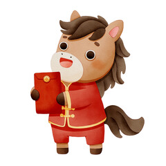 Fototapeta premium Cute cartoon horse character holding a lucky red envelope. , Chinese New Year celebration. Joyful Lunar Clipart.