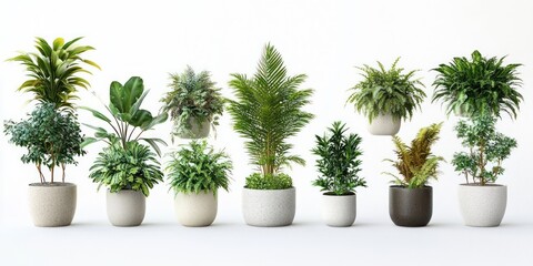 Fototapeta premium Row of assorted lush green houseplants in neutral ceramic pots against a white background, minimalist bright display evoking freshness and calm