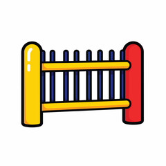 A cartoon-style fence with yellow and blue bars