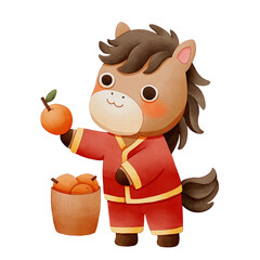 Cute horse character preparing oranges. Chinese New Year celebration. Joyful Lunar Clipart.