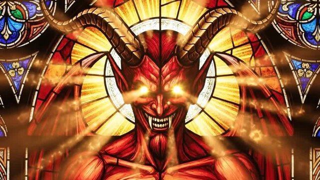 Gothic stained glass depicting horned demon with malicious smile.
