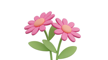 3D Rendering of Two Pink Daisy Flowers with Green Leaves