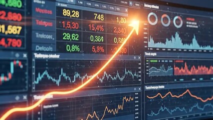 Computer screen showing bright orange financial growth data stream. - Powered by Adobe