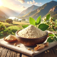 Flour in a patterned bowl on a linen cloth, with a sunny, mountainous landscape in the background