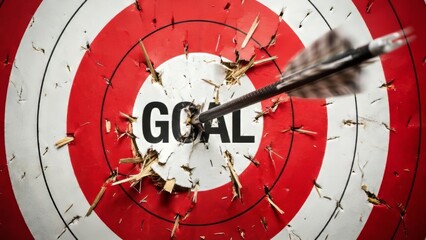 Achieving your goals arrow hits target archery range action shot close-up focus on success