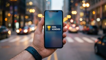 Achieving goals city street smartphone display urban environment close-up view motivation concept