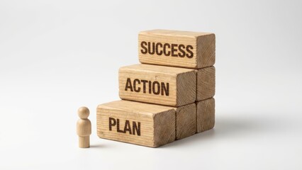 Action plan for success business strategy wooden blocks minimalist space angled viewpoint inspirational concept
