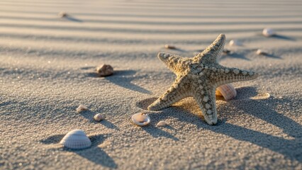 Close up of a weathered starfish resting on fine beach sand with warm golden sunlight casting long shadows and scattered seashells along a tranquil shoreline