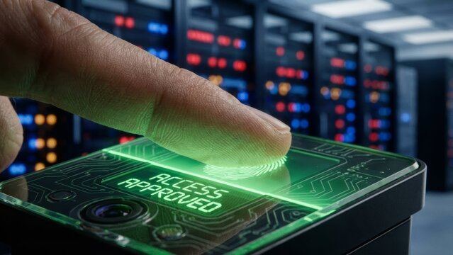 High-tech fingerprint access control data center digital security modern environment close-up innovation - Powered by Adobe