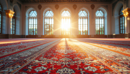 Serene Mosque Prayer Room During Ramadan with Golden Sunlight