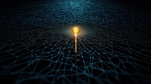 digital key unlocking a complex data network, visualized as a glowing keyhole on a vast plane of interconnected nodes, light spreading from the center as it's unlocked, cybersecurity concept.  - Powered by Adobe