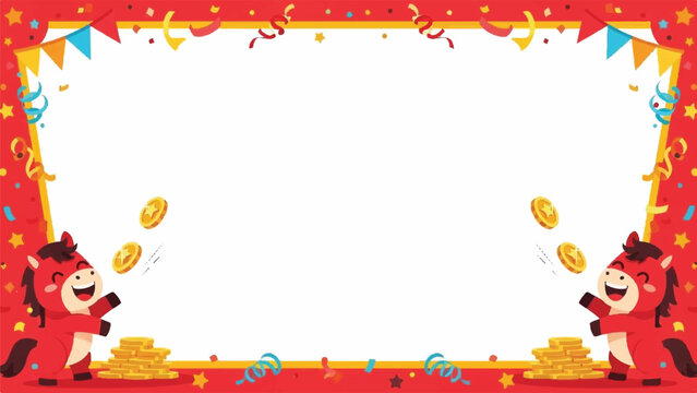 Chinese new year horse border frame with lucky gold coins.