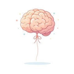 A whimsical illustration of a pink brain depicted as a balloon, floating gently against a white background with soft pastel-colored dots.