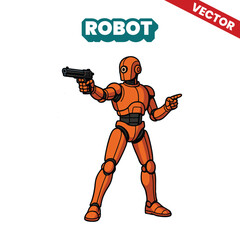Obraz premium Orange Combat Robot Character Holding a Pistol, Retro Sci-Fi Droid Soldier, Futuristic Security Android Vector Illustration