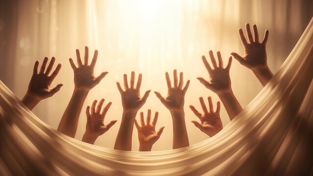 Hands reaching out from hamer in hamie with the sun shining through.