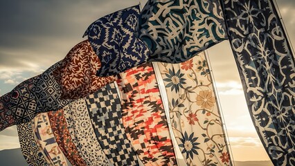 Row of colorfully patterned curtains hanging on pole in front of cloudy.