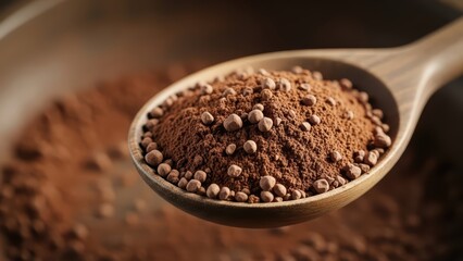 Close-up of a wooden spoon brimming with rich cocoa powder and dotted with white sugar pearls, highlighting texture, color contrast, and culinary appeal for dessert photography