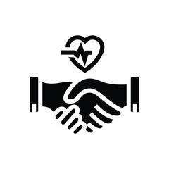 Obraz premium Black and white icon representing a healthcare partnership or medical agreement with a handshake and heart pulse symbol.