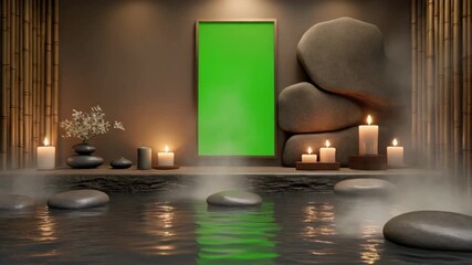 Spa Room with Green Screen Frame Water Stones Candles and Bamboo