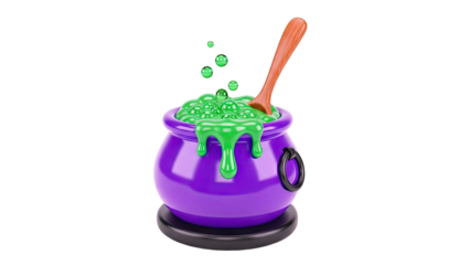 Purple Witch's Cauldron with Green Potion and Wooden Spoon